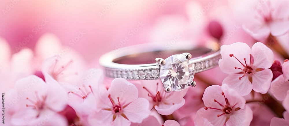 Pink flower with engagement ring