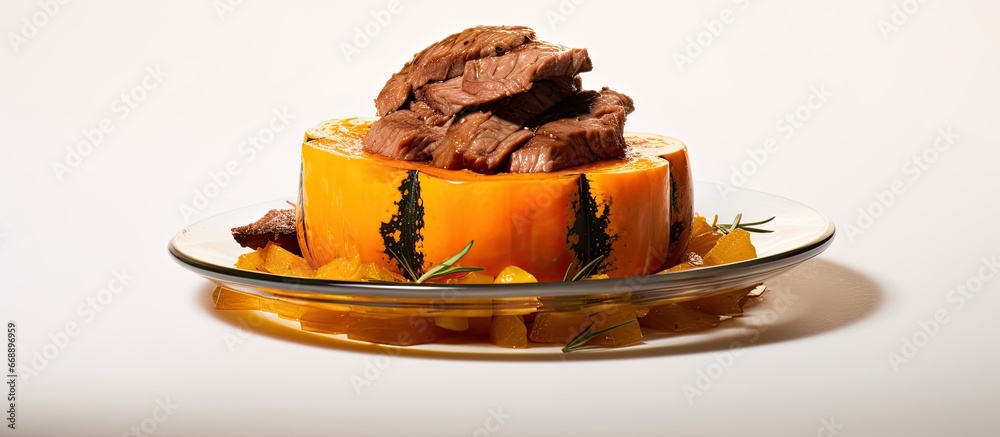 Cook tender sirloin with butternut squash and petite pumpkin