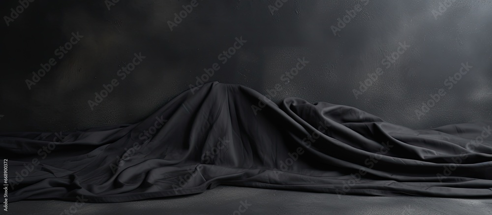 Black fabric draped over gray cement floor