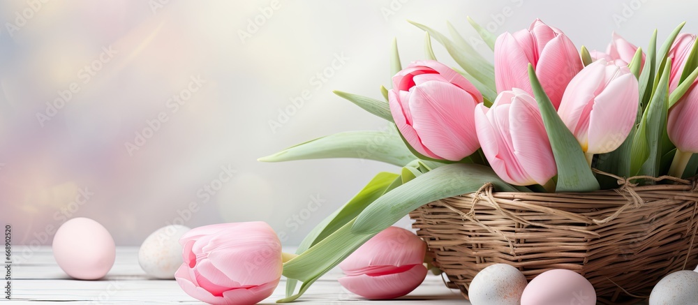 An Easter basket with pink tulips up close