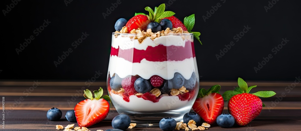 Delicious breakfast dessert yogurt parfait with berries muesli coconut and mint