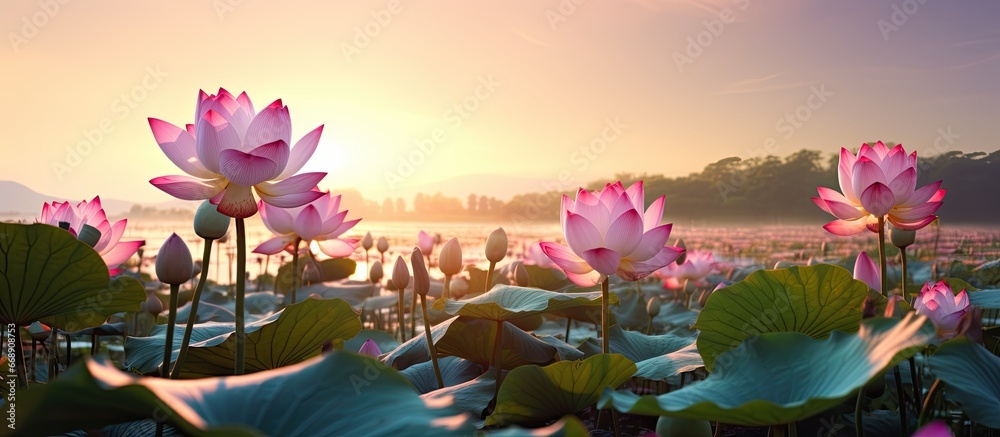 Gorgeous lotus blossoms in the lake at sunset