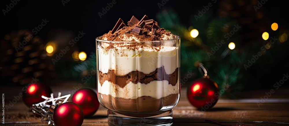 Christmas themed tiramisu in glass containers