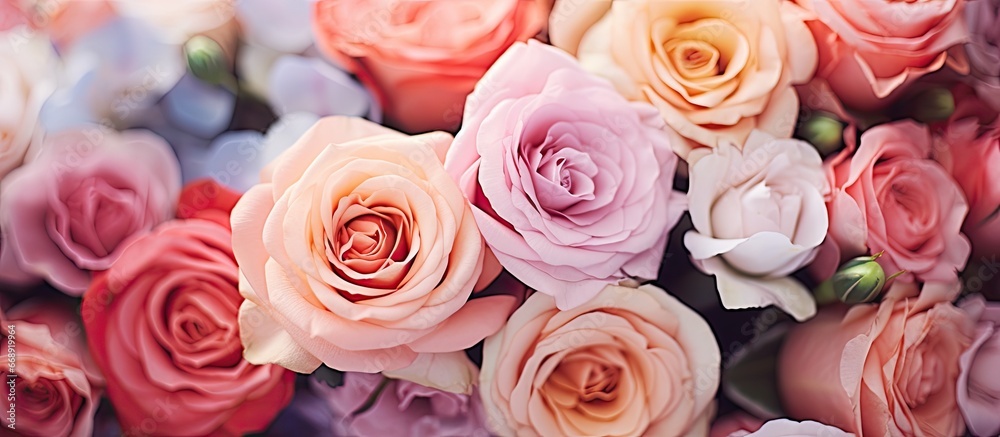 Close up of a vibrant bouquet made of roses carnations and decorative plants at a beautiful wedding