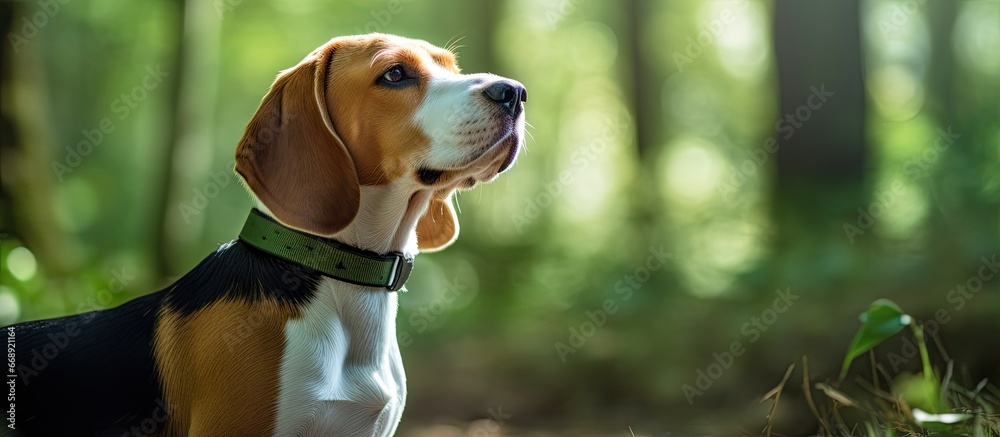 Green collared beagle dog observing