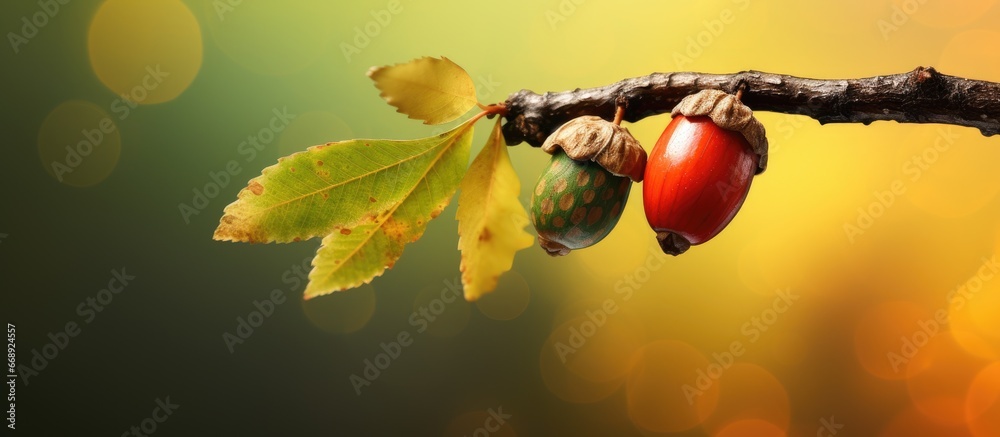 Acorn couple on branch with colorful bokeh background