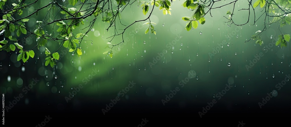 Raindrops in lush surroundings during spring