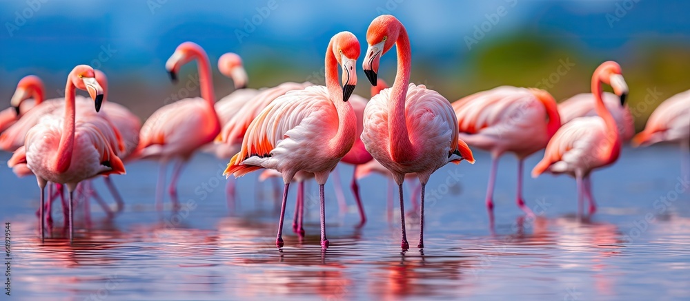 American flamingos in water at Los Flamingos Nature Reserve in Columbia