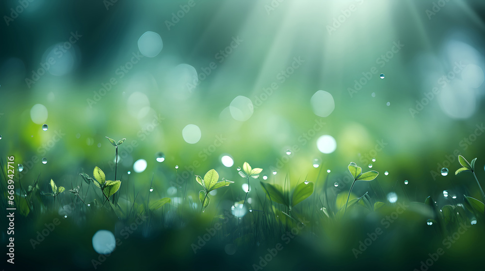 spring background with grass and flowers on blur background