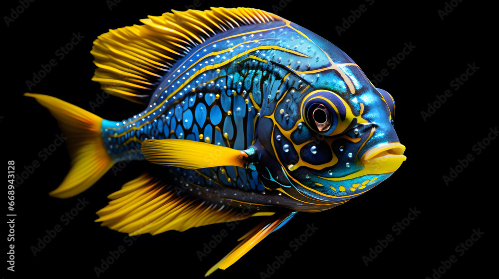  yellow And blue fish on black background