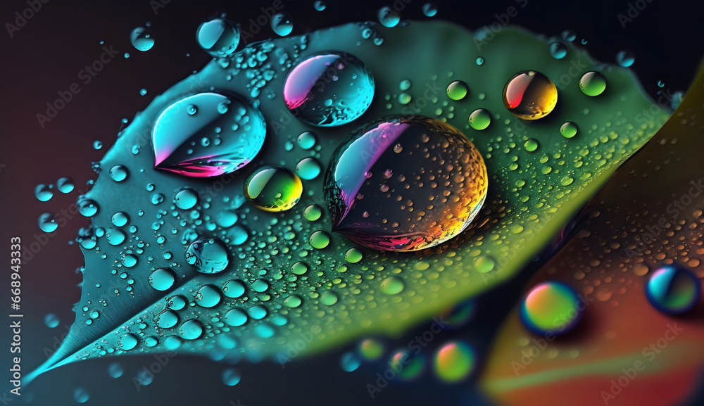 colorful water drops on a green leaf, Abstract beautiful water drops