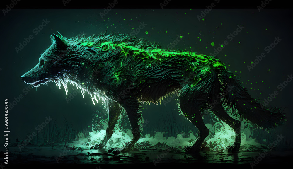 wolf howling at the moon, green wolf in the night