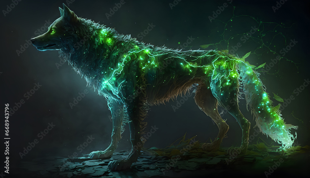 wolf howling at the moon, green wolf in the night