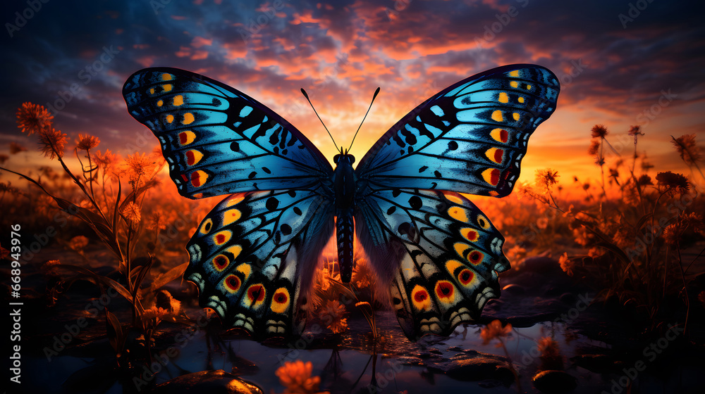 butterfly on a flower, Butterfly at sunset