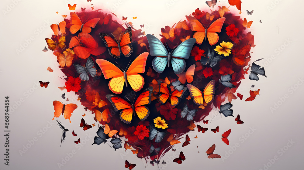 A heart with butterflies. The concept of love and Valentines Day, colorful hearts 