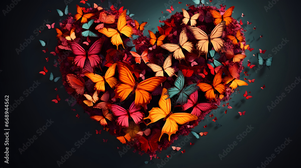 A heart with butterflies. The concept of love and Valentines Day, colorful hearts 