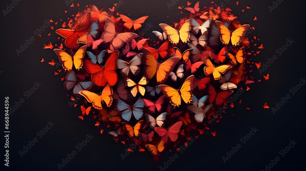 A heart with butterflies. The concept of love and Valentines Day, colorful hearts 