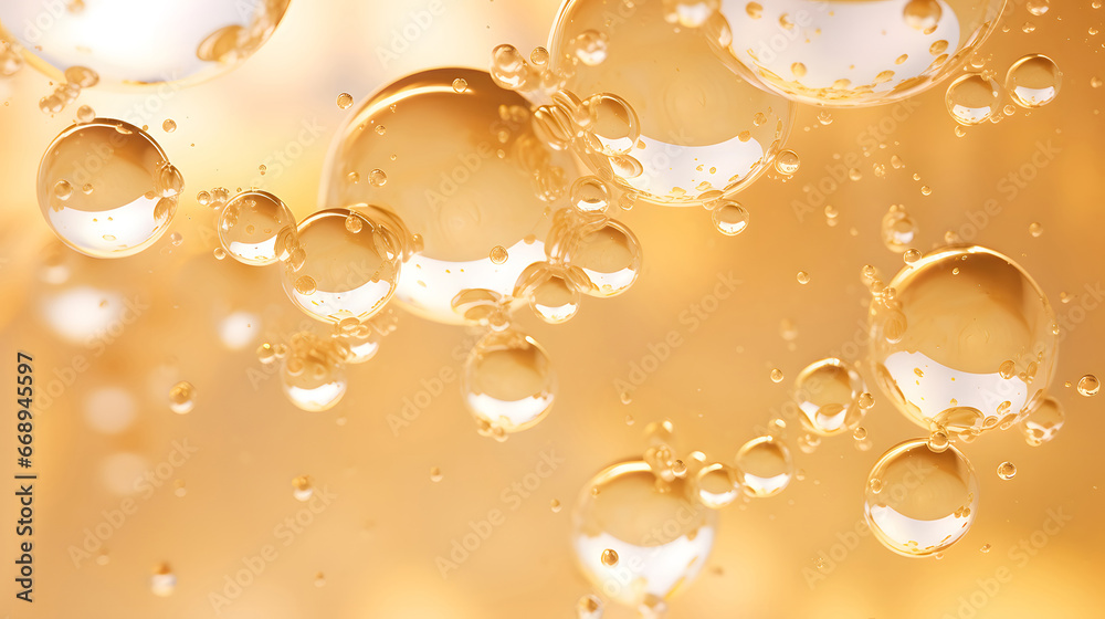 yellow bubbles of oil or serum, bubbling drops of gold liquid,  golden bubbles , golden christmas background