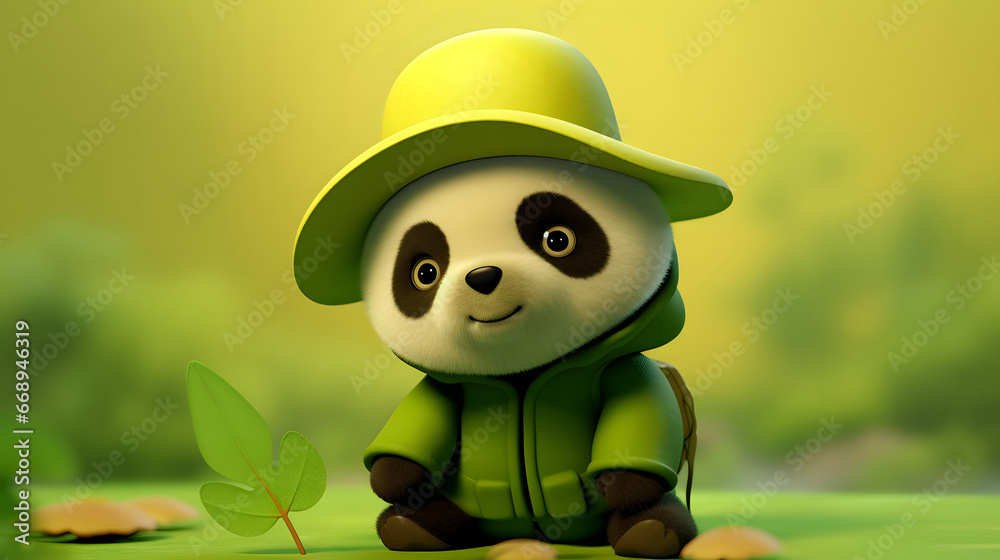 small panda with a green hat on a green background, 3d panda