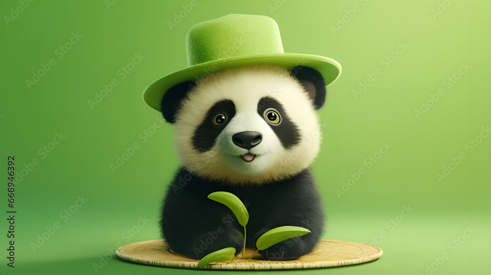 small panda with a green hat on a green background, 3d panda