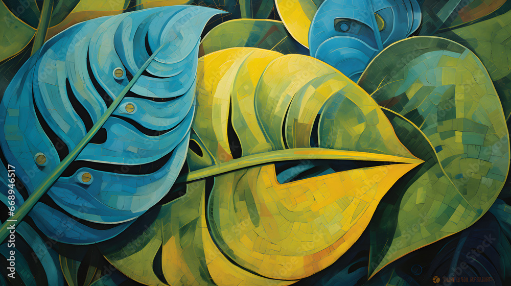 close up of leaf,  the painting features a blue and yellow monster leaf