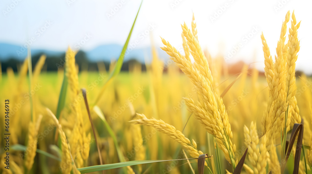 Yellow rice fields lanscape background, golden wheat field in summer