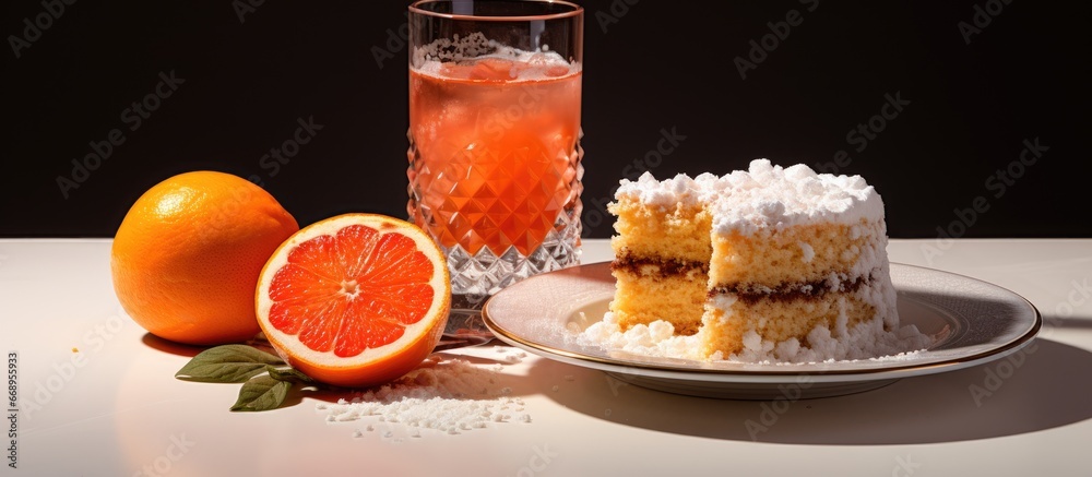 Delicious cake carrot juice and crumbs on the tablecloth