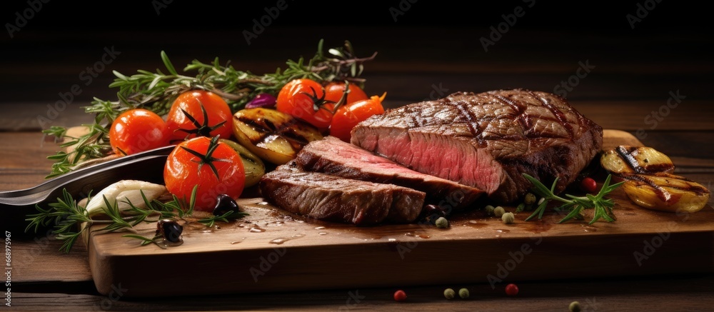 Sliced grilled steak with vegetables on a wooden background