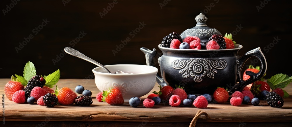 Berries displayed in antique kitchenware with vintage table and fence backdrop