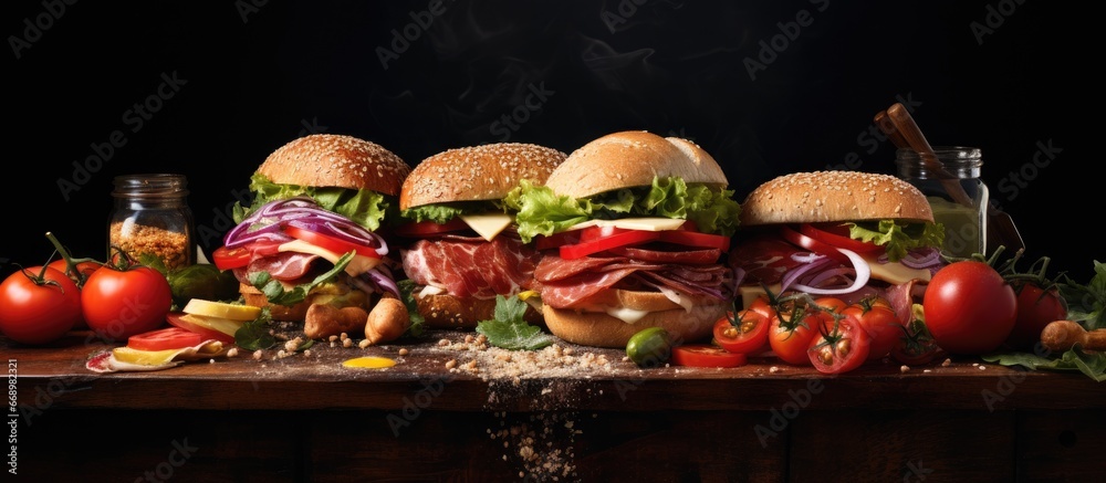 Assorted sandwiches with cooked ingredients on table