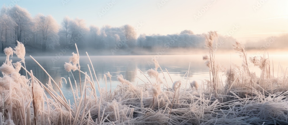 Cattail plant and frosty trees in serene winter landscape