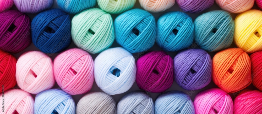 Rainbow hued yarn balls from above for knitting