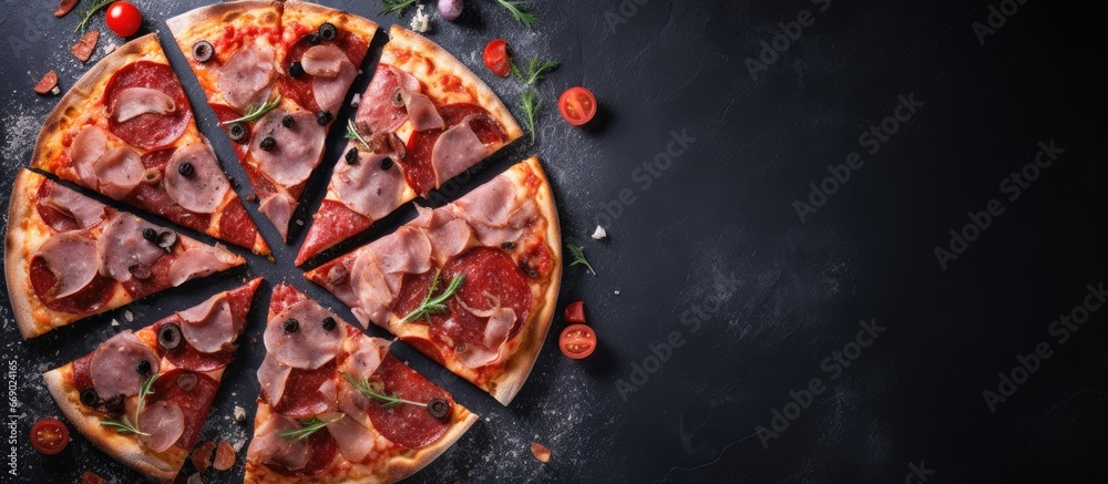 Black pizza slices laid flat on a gray table