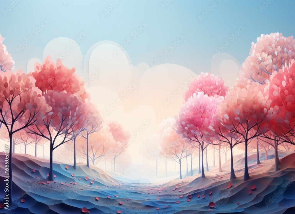 Abstract 3d landscape with the shadows of pink and blue trees