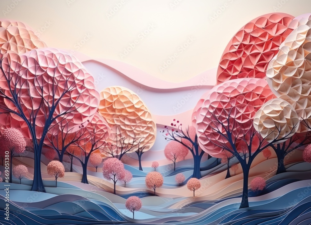 Abstract 3d landscape with the shadows of pink and blue trees.