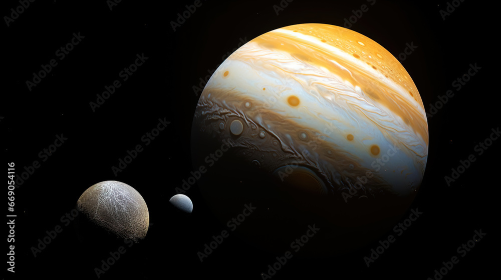 The giant planet and its satellites. Jupiter like planet and his moons. Space concept. Generative AI