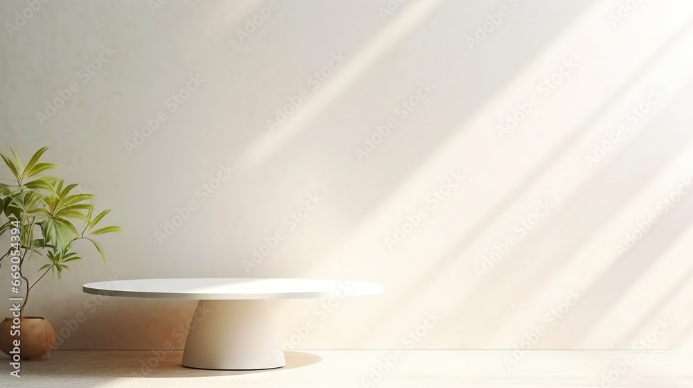 White empty room with table and nice plant, light background with shadows, sunlight Minimalistic concept. Generative AI