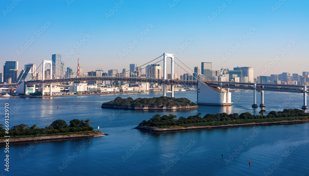 Tokyo Bay with the Rainbow Bridge, Odaiba, Tokyo, Japan