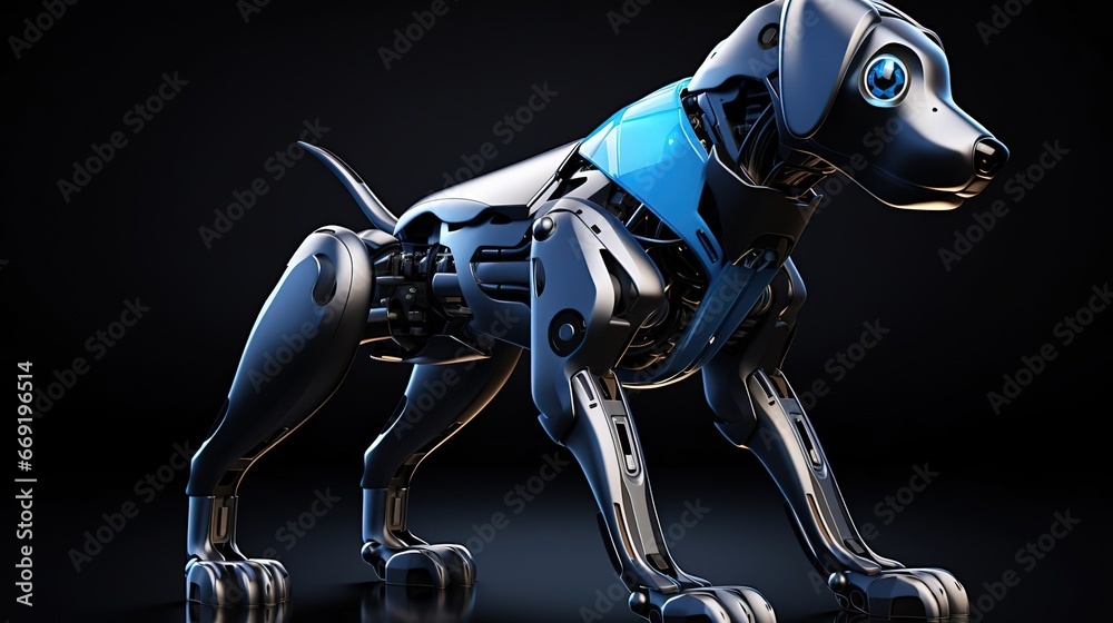 Robot dog on a dark background, the dog has a futuristic look with a sleek design and LED lighting in the eyes. Created using Generative AI technology.