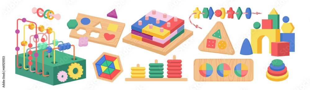 Cartoon isolated wood blocks and puzzle games for preschool kids, pedagogic therapy in kindergarten for fine motor activity and early development. Montessori occupational toys