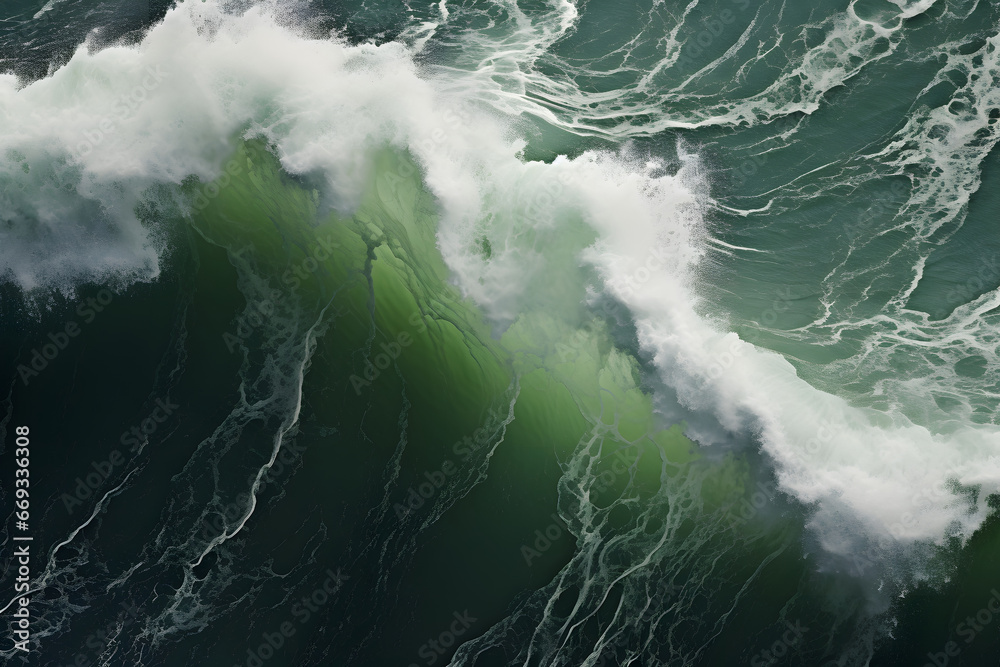 Spectacular aerial top view background photo of ocean sea water white wave splashing in the deep sea. Drone photo backdrop of sea wave in bird eye waves. green sea