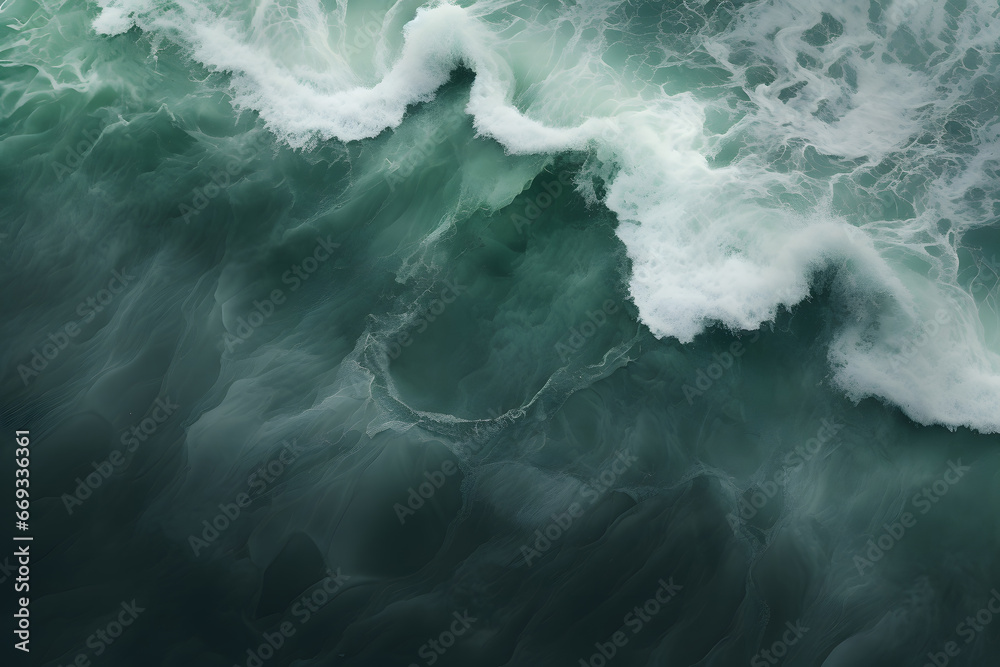 Spectacular aerial top view background photo of ocean sea water white wave splashing in the deep sea. Drone photo backdrop of sea wave in bird eye waves. green sea