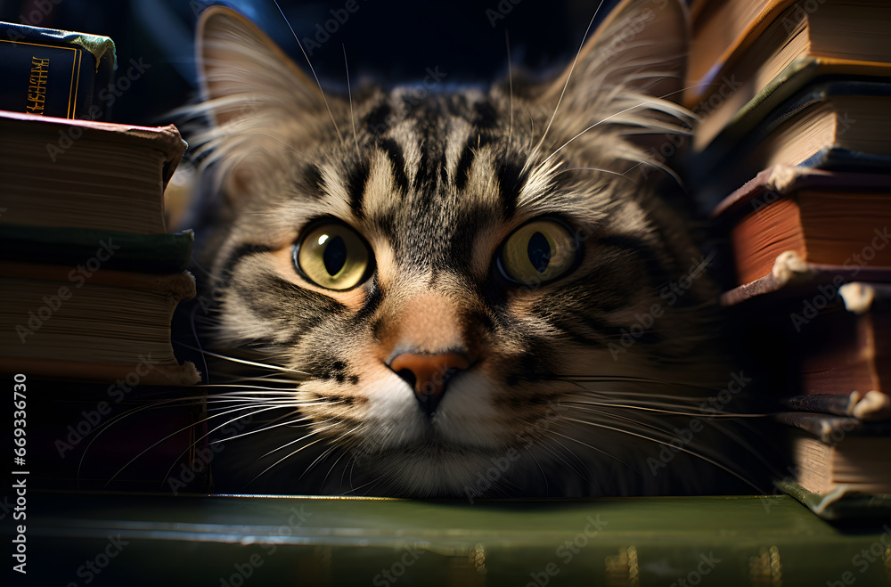 Cat peeking out of books