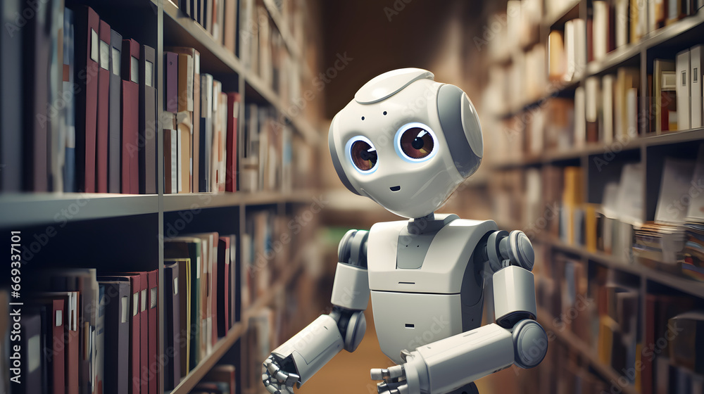 Librarian robot organizing and cataloging books in a vast library