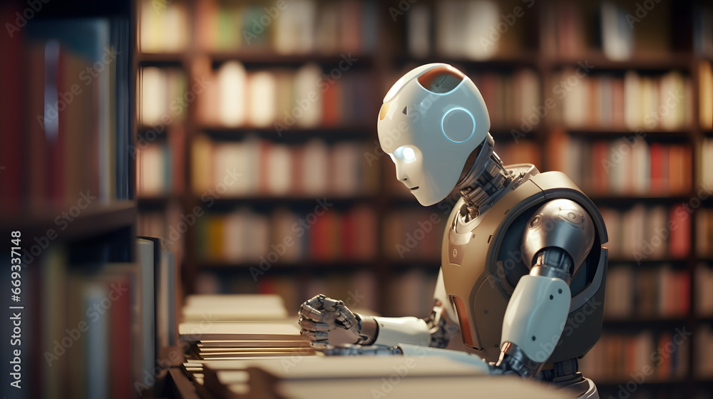 Librarian robot organizing and cataloging books in a vast library