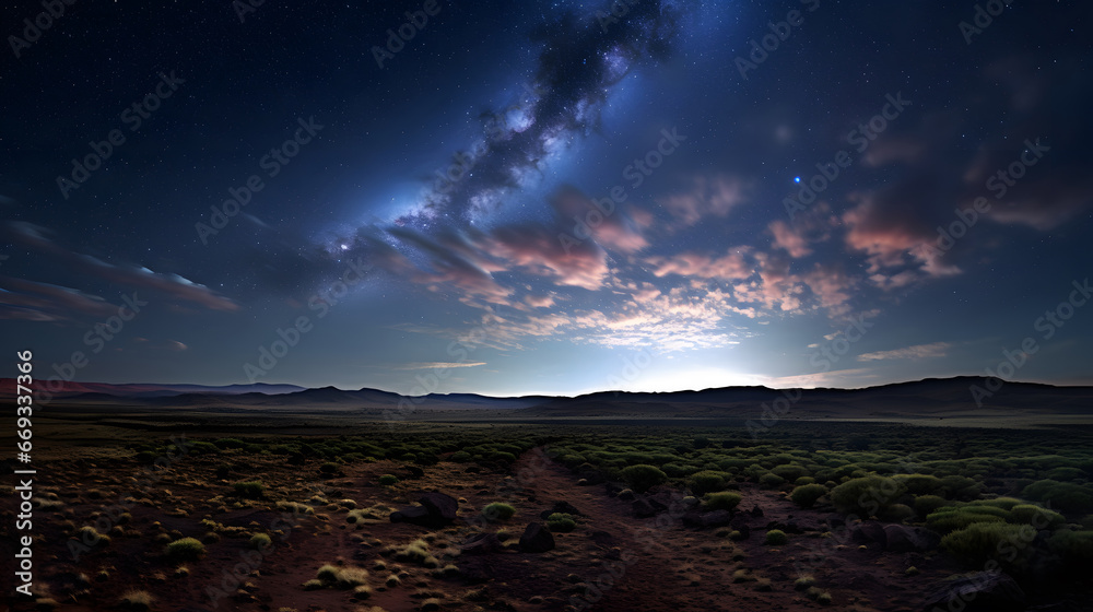 a vast and endless desert landscape at night, with a sky filled with countless stars and the Milky Way stretching across the horizon