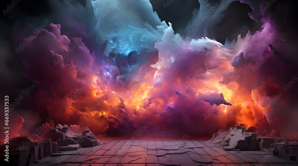 abstract colorful smoke nebula background podium