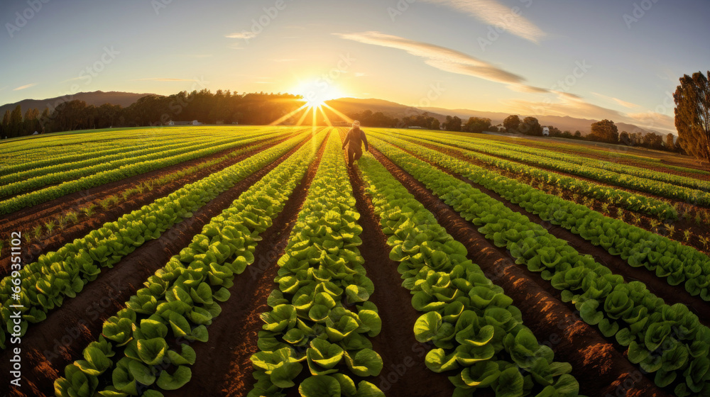 A farmer at field of organic lettuce growing in a sustainable farm.