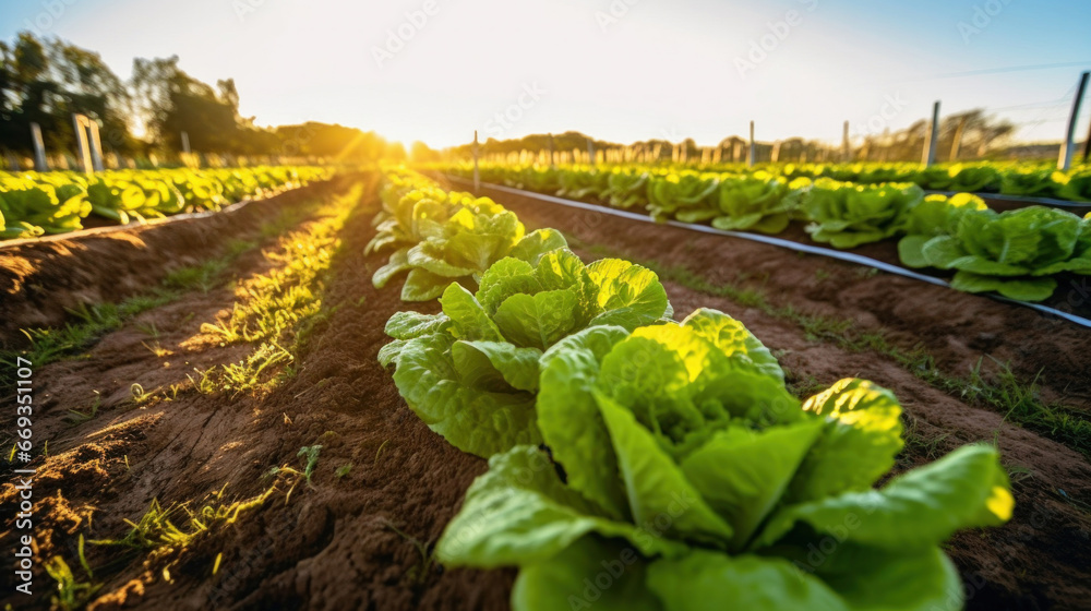 Agriculture, Field of organic lettuce growing in a sustainable farm.