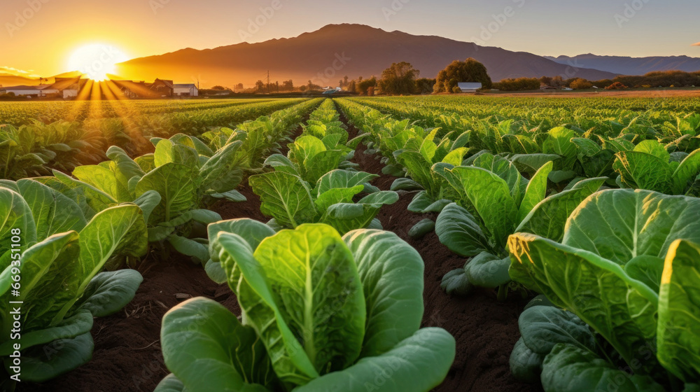 Agriculture, Field of organic lettuce growing in a sustainable farm.